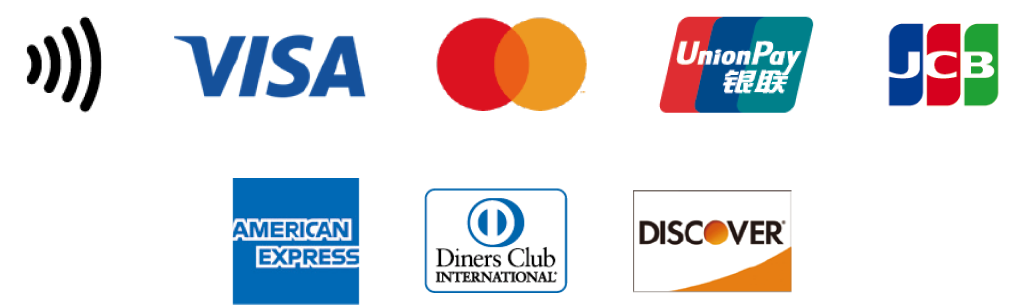 非接触型支払い - Visa,Mastercard,UnionPay,JCB,American Express,Diners Club International,Discover